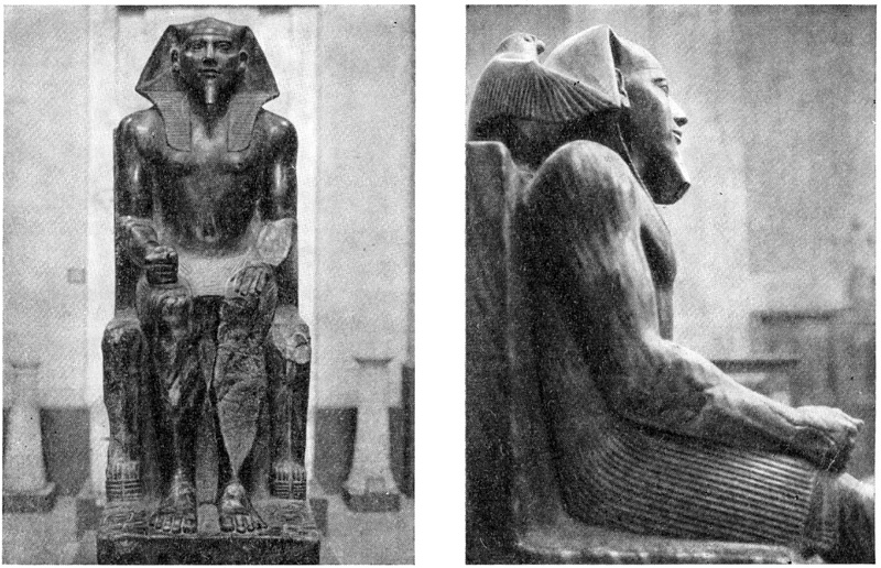 Статуя Хефрена из его заупокойного храма. Вид спереди и сбоку. (Музей в Каире)