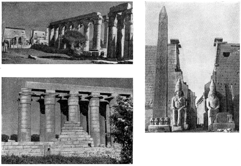 Луксор. Храм Амона — перистиль Аменхотепа III, вид с запада, слева большой двор и пилон Рамсеса II; фрагмент перистиля Аменхотепа III; пилон Рамсеса II