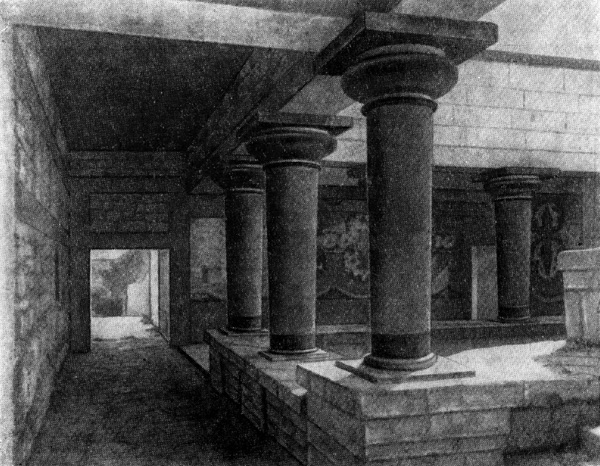 Кносс. Дворец. Тронный зал, фрагмент дворика с колоннадой, XVI—XV вв. до н. э.