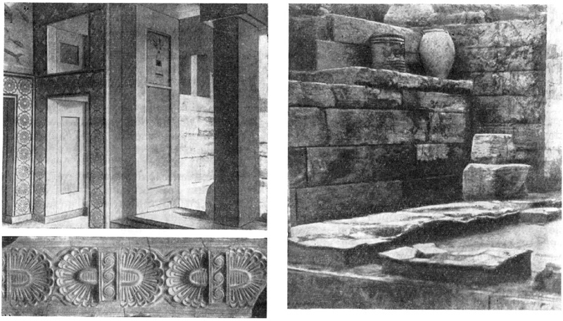 Кносс. Дворец, около 1600 г. до н. э. Женский мегарон в жилой части дворца; фриз из полурозеток; световой дворик жилого квартала