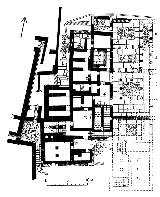Кносс. «Малый дворец», около XV в. до н. э.: а — мегарон; б — перистиль