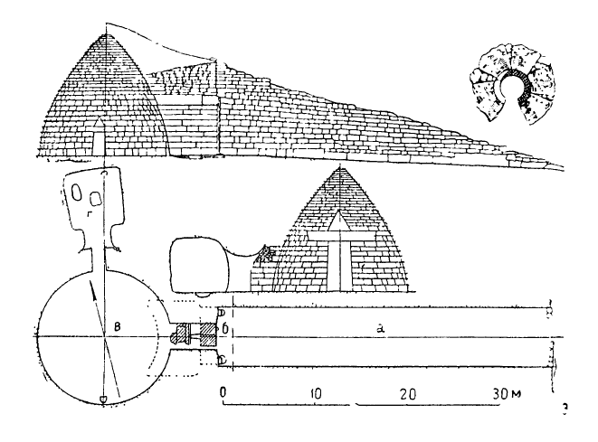 Микены. Гробница Атрея, XIV в. до н. э.: план, продольный и поперечный разрезы, верхний ряд кладки купола