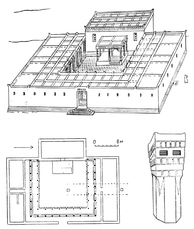 Хукка. Храм. Общий вид (реконструкция); план, капитель колонны