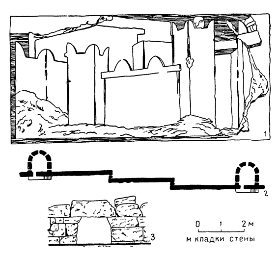 Крепостные сооружения: 1 — Ликия; изображение укрепленного города; 2 — Кария; план крепостной стены с башнями; 3 — Фригия; каменная кладка крепостной стены