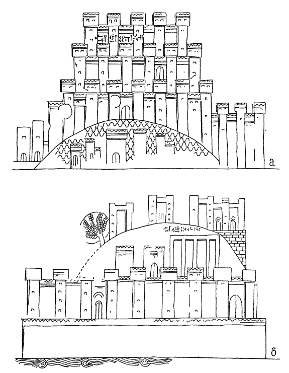 Изображения на ассирийских рельефах: а — Крепость Кишессу, VII в. до н. э.; б — город Хархар
