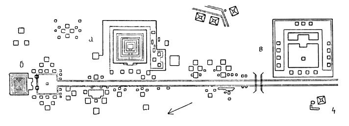 Теотихуакан: 4 — план центра города, 300 г. до н. э. — 900 г. н. э.; а — пирамида Солнца; б — пирамида Луны; в — пирамида Кецалькоатля