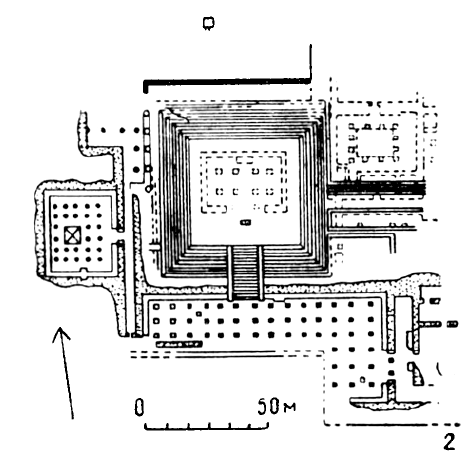 Толлан: 2 — северная пирамида, XIII в.; план пирамиды