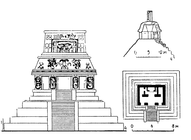 Паленке, VII в. 4 — храм Солнца, фасад, разрез и план