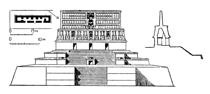 Йашчилан. Храм 33, около 500 г. Фасад, план, разрез