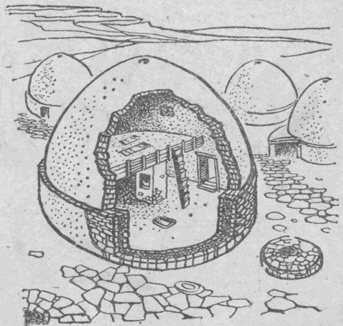 Реконструкции одного из купольных домов Кирокитии около 5500 г. до н.э. Круг из камней направо от дома это большой обеденный стол. Около одного из таких столов археологи нашли каменный сосуд, показанным на рис. 4.