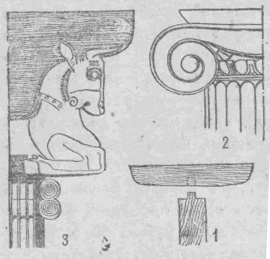 Примитивная «капитель» из дома в Хасиларе (V тысячелетие до н. э.) является далёким предком (1) развитых художественных форм капители ионической колонны Пропилеев в Афинском акрополе (2), отстроенном после войны с персами (V в. До н.э.), и капители тронного зала в персидской столице Сузах (3), созданного в VI—V вв. до н.э.