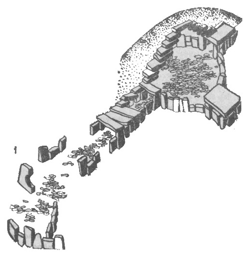 Гигантский длинный курган Нью Грандж в Ирландии (1) почти полностью повторяет сооружения на берегу Португалии, но в Нью Грандж высота Центрального зала 6 м, три погребальных камеры перекрыты многотонными каменными плитами, все камни галереи и камер (2) покрыты рисунками, один из которых (3) — сложная спираль — встречается особенно часто.