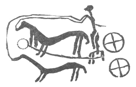 Петроглиф — рисунок, высеченный на одном из камней, образующих основание гробницы вождя — из Кивика (юг Швеции). Датируемое примерно 1200 г. до н.э., первое свидетельство тому, что на севере уже знакомы с боевой колесницей.