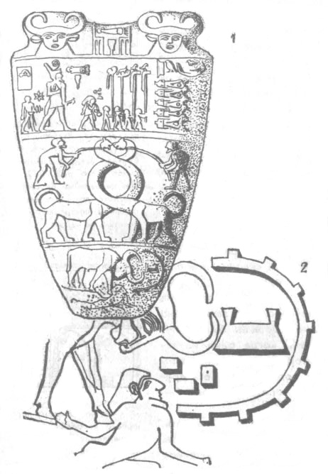 Передняя сторона (аверс) палетты Нармера (1) и её фрагмент с изображением разрушения города (2)