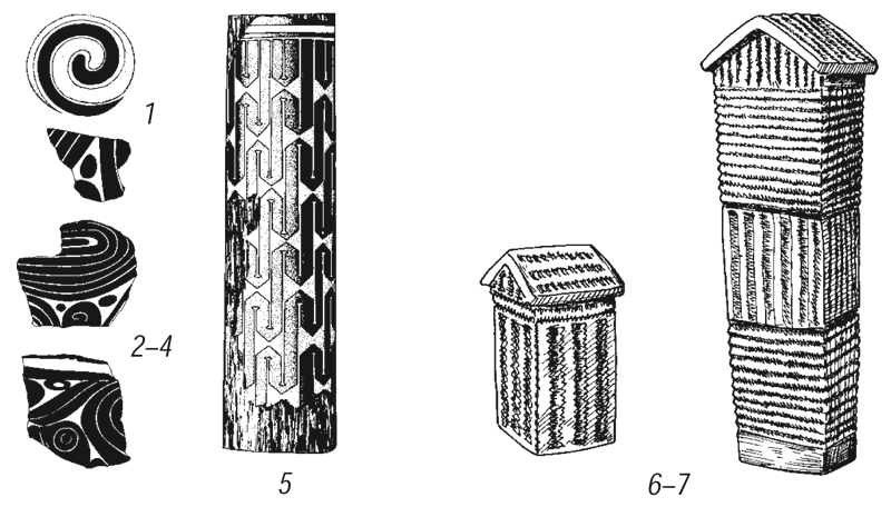 Архитектура эпохи неолита: 1-5 — фрагменты штукатурки и оштукатуренной деревянной колонны с росписью из Кэсчиоареле, Румыния; 6-7 — глиняные модели башен из Поляницы, Болгария (по Gimbutas 1974; Todorova 1982)