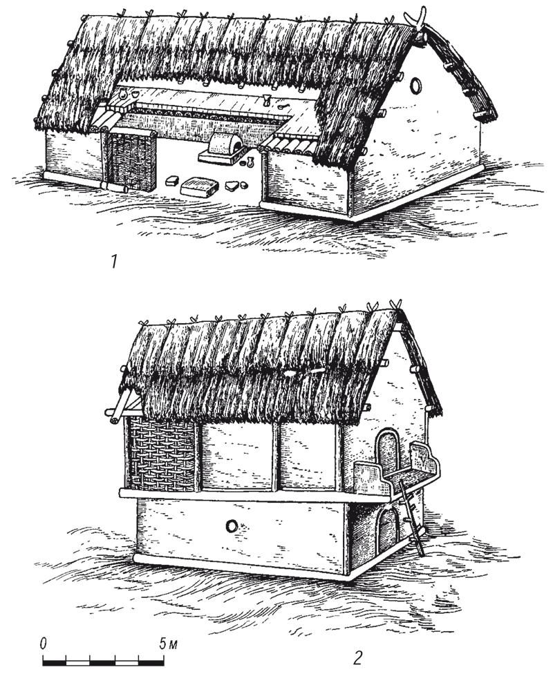 Реконструкции жилищ культуры Триполье-Кукутени: 1 — Ленковцы, Украина; 2 — Раковец, Молдова (по Черныш, Массон 1982).