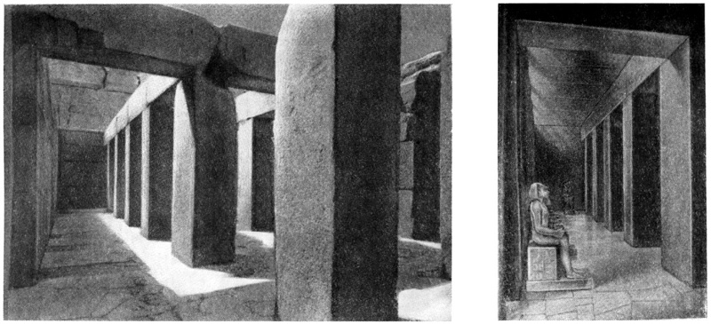 Гизе. Интерьер верхнего заупокойного храма пирамиды Хефрена и его реконструкция (по О. Хольшерому)