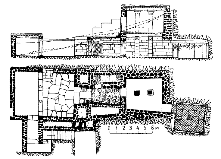 Кносс. Погребальный храм, XVI в. до н. э. Продольный разрез, план