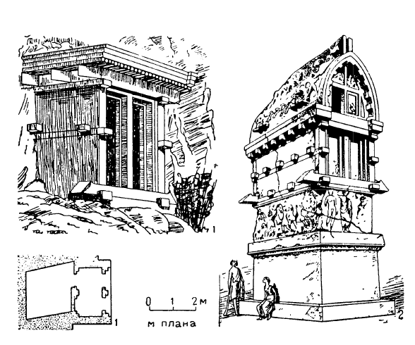 Ликия: 1 — гробница в Пинаре; внешний вид и план; 2 — свободно стоящая гробница (в Британском музее)
