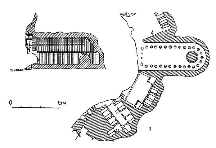  Монастырские комплексы, высеченные в скалах: 1 — Бхаджа, II в. до н. э.; план комплекса, продольный разрез