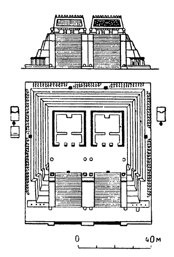 Тенаюка. Пирамида, около 1300 - 1500 гг. Фасад и план в последнем этапе строительства