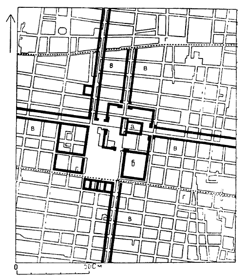 Теночтитлан. План, около 1510 г., показывающий соотношение столицы ацтеков и современного центра Мехико: а — главный храм; б — дворец Монтесумы; в — главные улицы; г — каналы