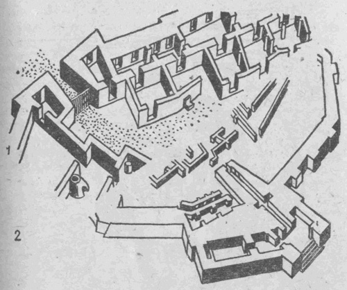 На этом рисунке совмещены план цитадели в Мерсине (1) начала IV тысячелетия до н.э. и главные ворота Трои-II (2). Наткнувшись на эти ворота, Генрих Шлиман отождествил их с воротами Гомеровой Трои, но как выяснилось позже, эти были завершены около 2300 г, до н.э., более чем за 1000 лет до Троянской войны. Глубина ворот в Мерсине — около 5 м, в Трое — около 30 м.
