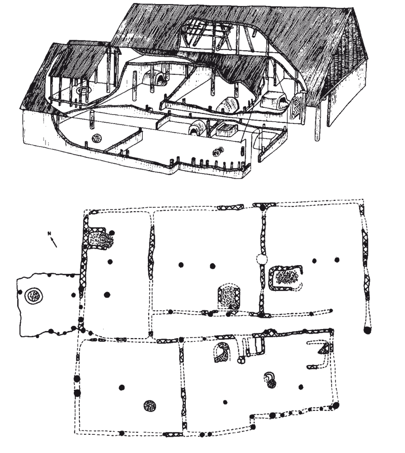 План и реконструкция комплекса каркасно-столбовых глинобитных жилищ культуры Тиса, Горжа, Венгрия (по Horvath 1987)