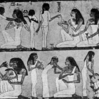 Пир. Фрагмент росписи гробницы Рехмира в Фивах. XVIII династия. 15 в. до н. э.