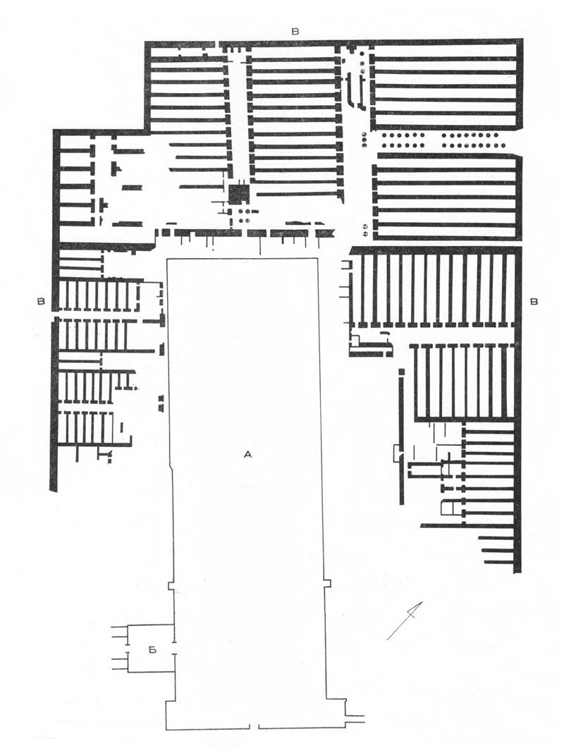 Храмовый округ Рамессеума: А — Храм; Б — Дворец; В — Помещения рядом с храмом